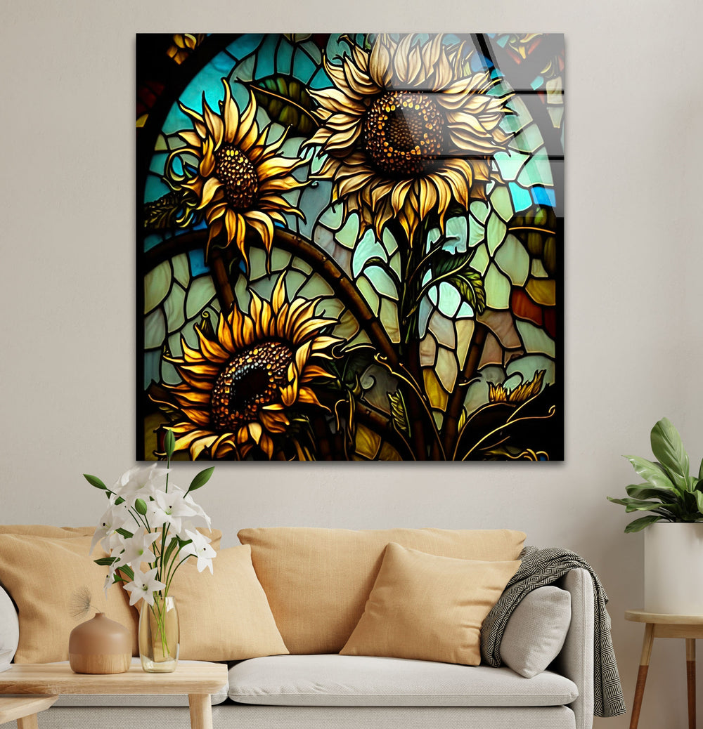 Sunflowers In A Stained Glass Window Glass Wall Art, glass wall decor, glass wall art decor