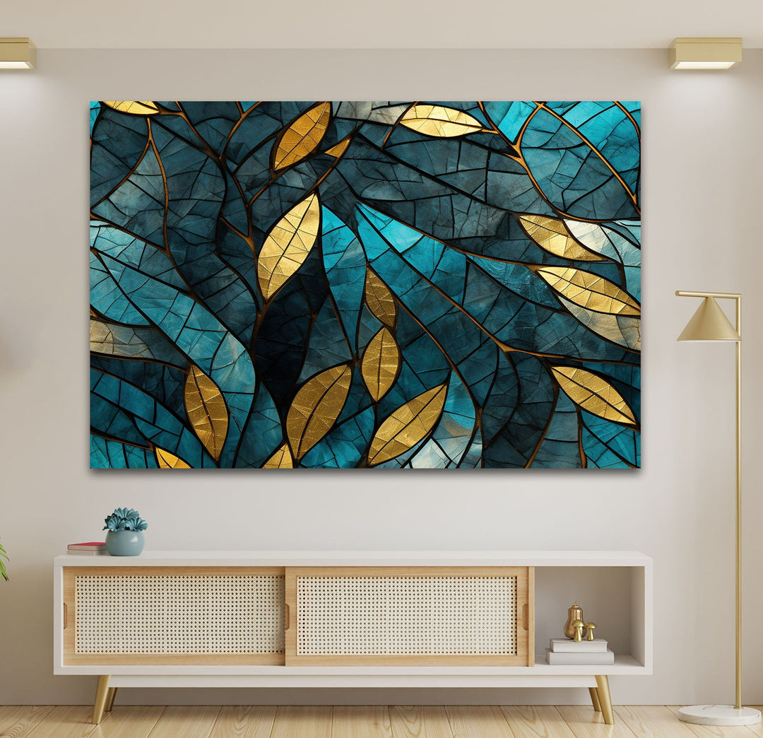 Blue & Gold Leaves Glass Wall Art print picture on glass, Tempered Glass Wall Art