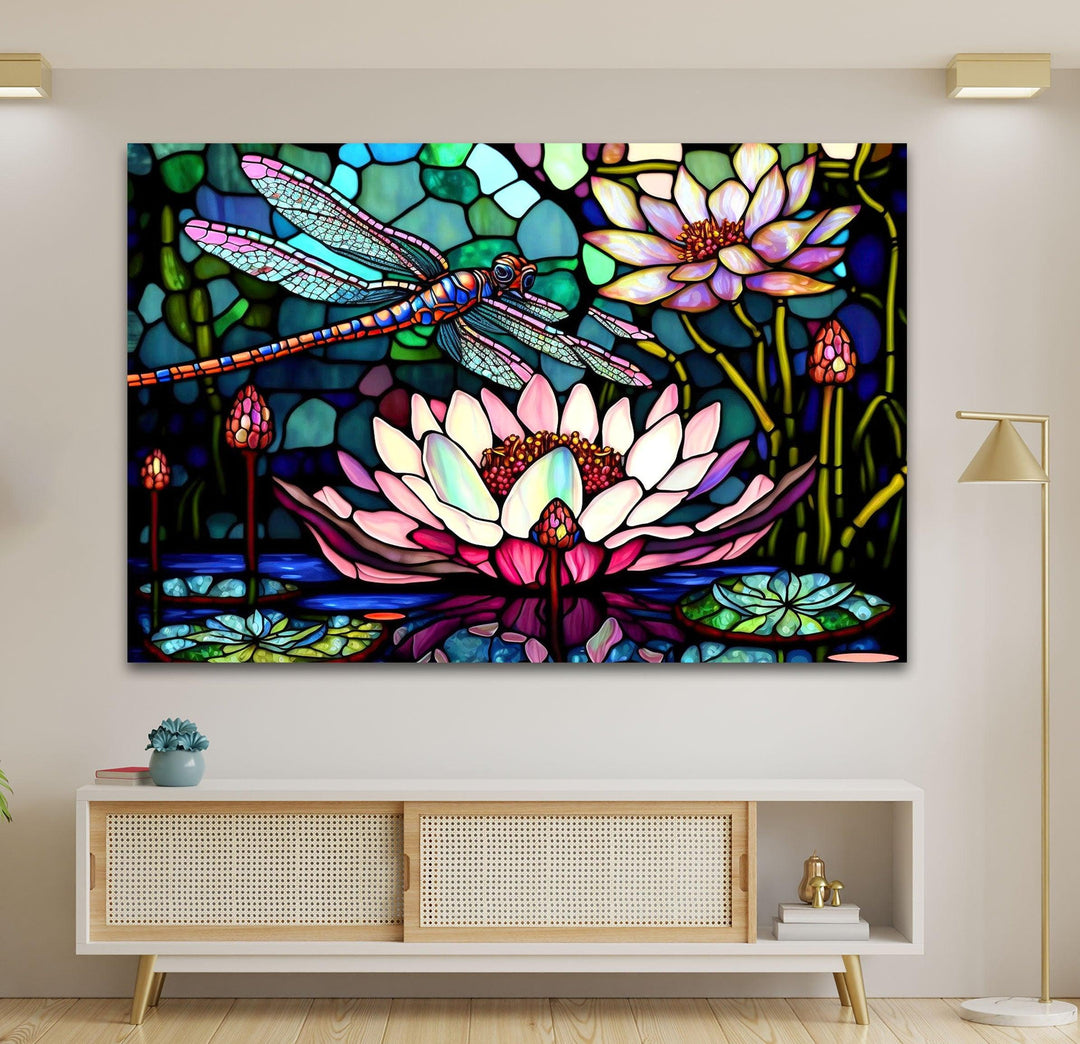 Stained Glass Dragonfly With Flower Glass Wall Art, glass photo prints, glass picture prints