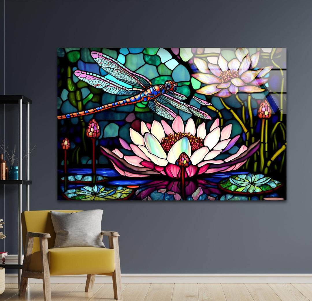 Stained Glass Dragonfly With Flower Glass Wall Art, glass image printing, glass prints from photos