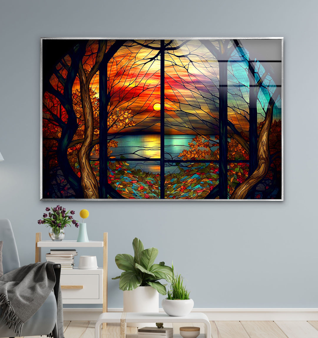 Stained Sunset Glass Wall Art photo print on glass, prints on glass wall art