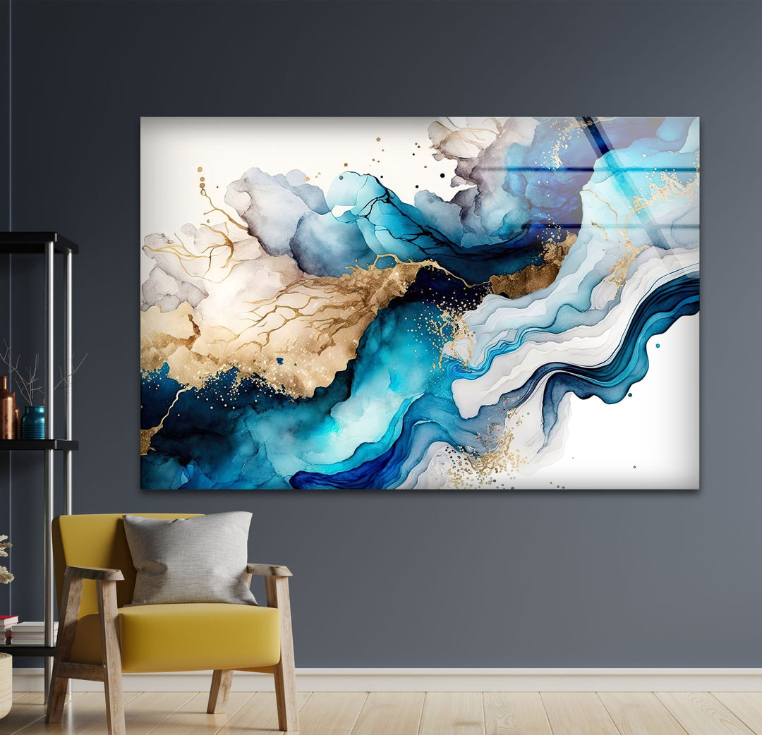 Blue and Gold Fluid Abstarct Glass Wall Art