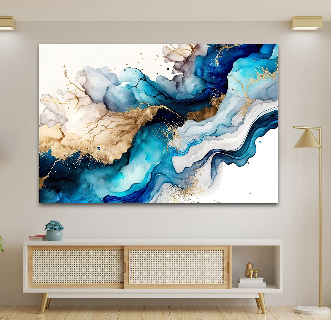 Blue and Gold Fluid Art Glass Wall Decor