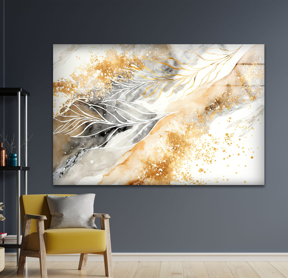 Golden Leaves Abstract Tempered Glass Print Wall Art