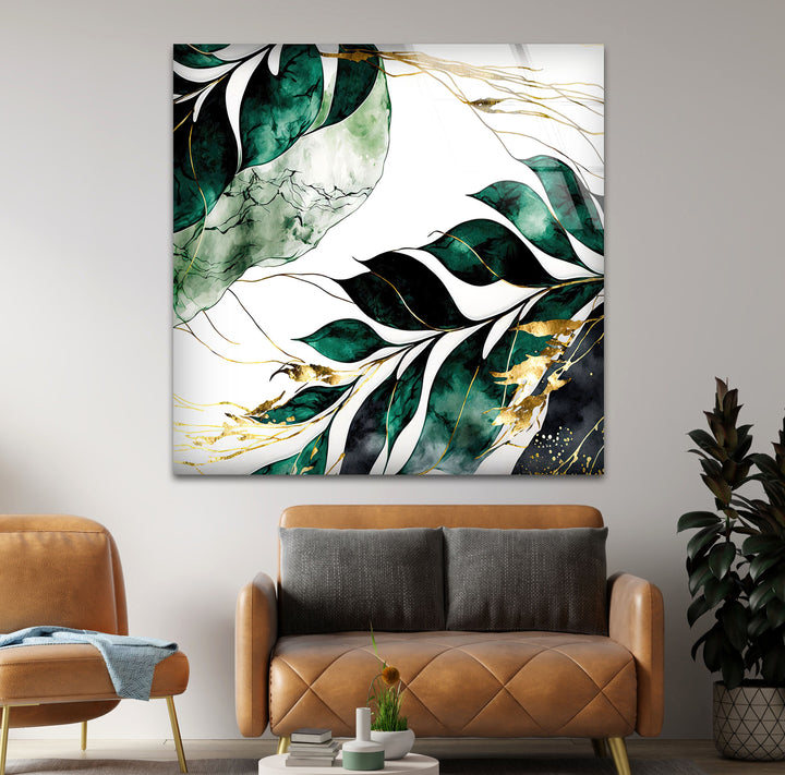 Green & White Leaves Glass Wall Art custom glass photo prints, large glass prints