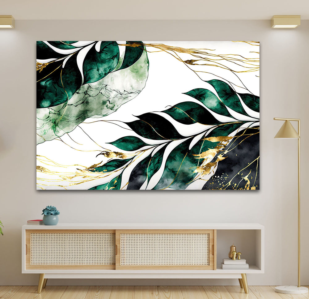 Green & White Leaves Glass Wall Art glass art painting, glass art for the Wall