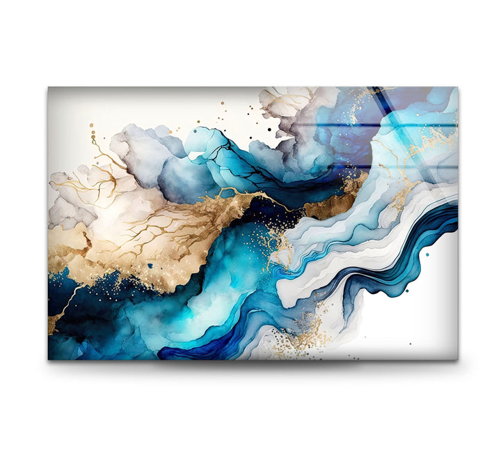 Blue and Gold Fluid Abstract Glass Wall Decor