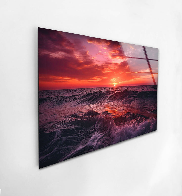 Red Sunset & Big Waves Glass Wall Art glass art painting, glass art for the Wall