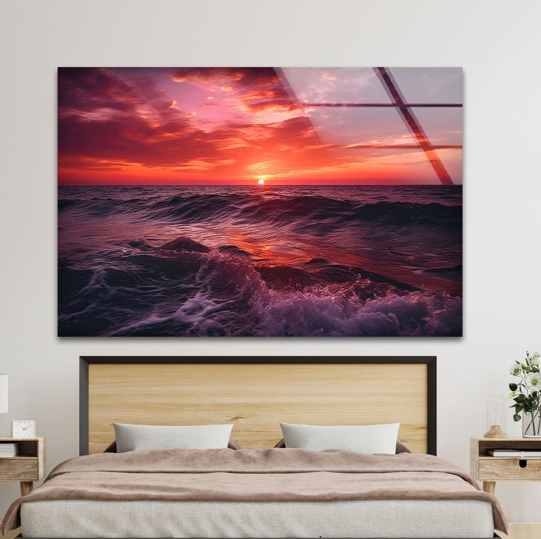 Red Sunset & Big Waves Glass Wall Art Glass Printing Wall Art, Print photos on glass