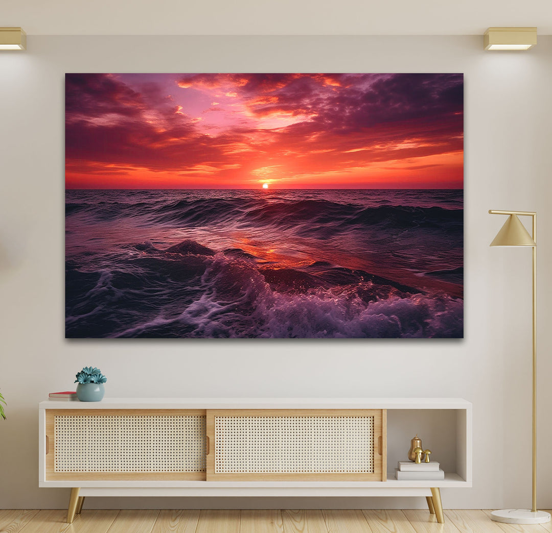 Red Sunset & Big Waves Glass Wall Art custom glass pictures, glass art prints