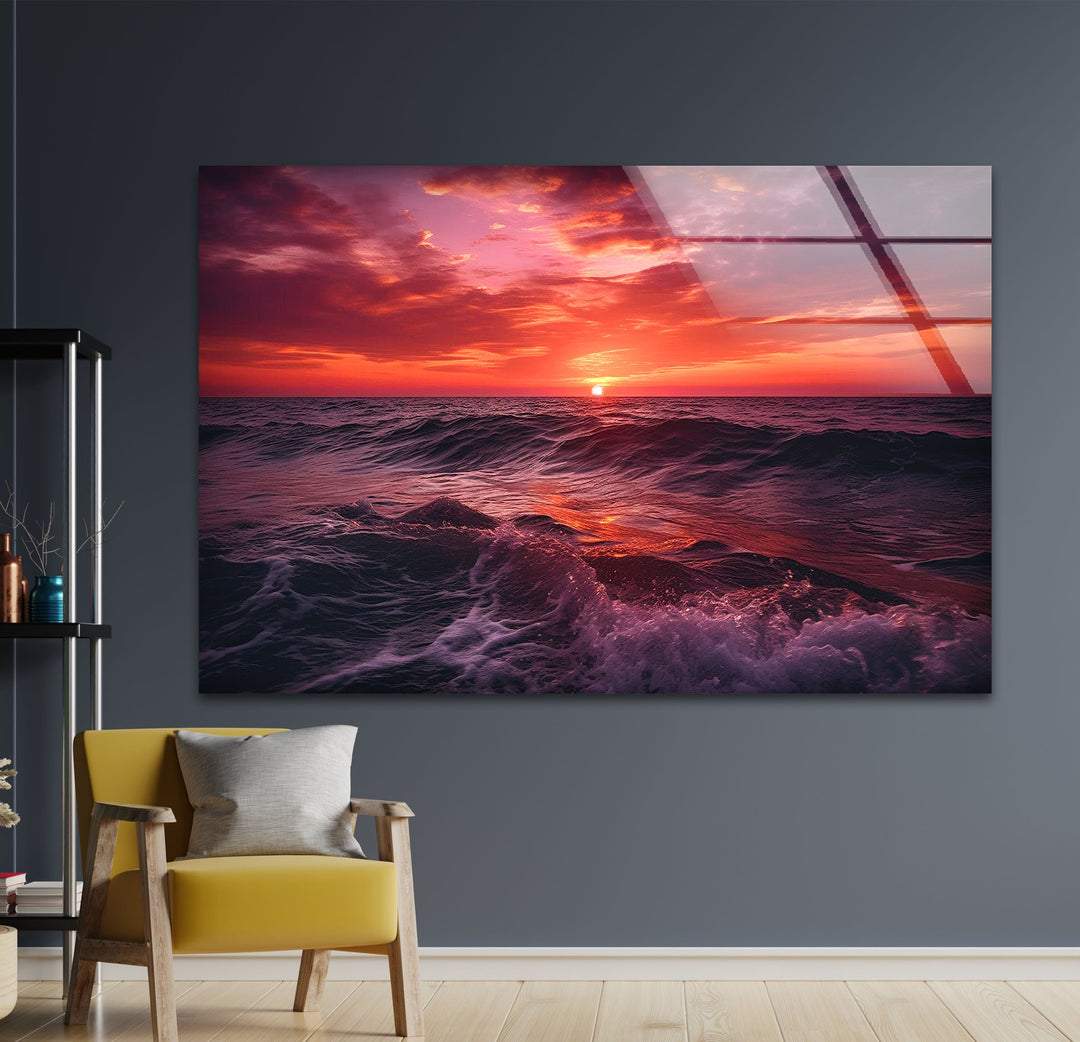 Red Sunset & Big Waves Glass Wall Art photo print on glass, prints on glass wall art