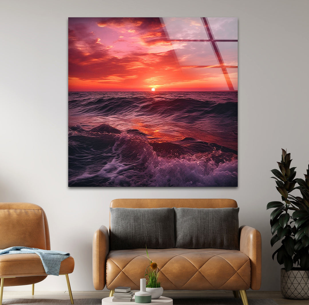 Red Sunset & Big Waves Glass Wall Art glass pictures for Wall, glass prints wall art