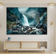 a painting of a waterfall in the middle of a room