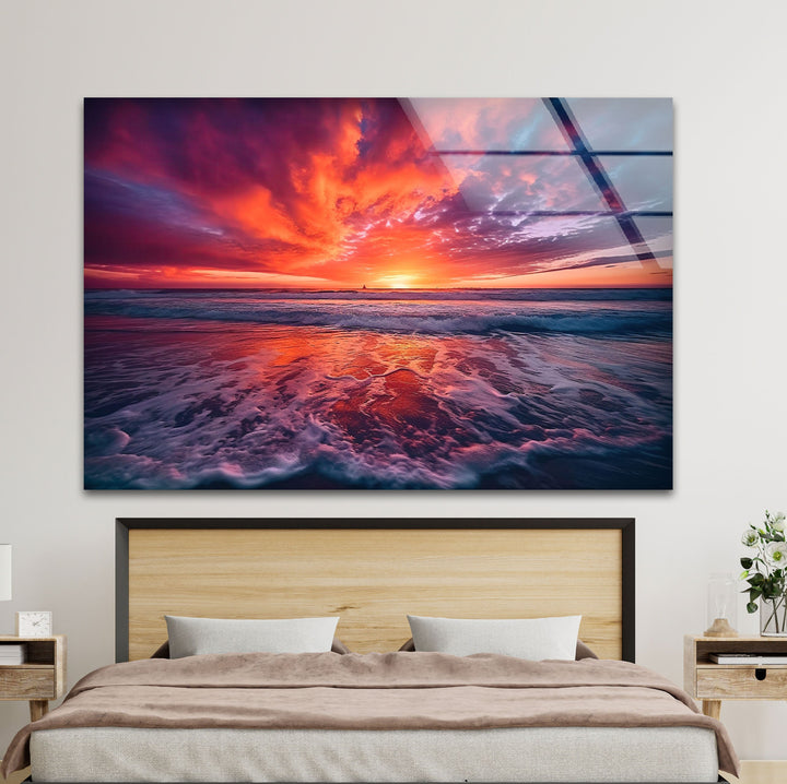 Sunset Over Water Waves Glass Wall Art picture on glass wall art, photos printed on glass