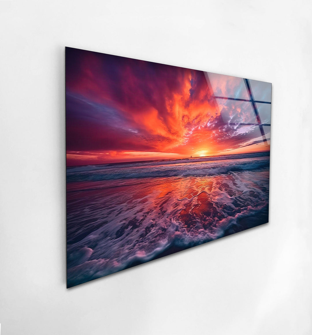 Sunset Over Water Waves Glass Wall Art photo print on glass, prints on glass wall art