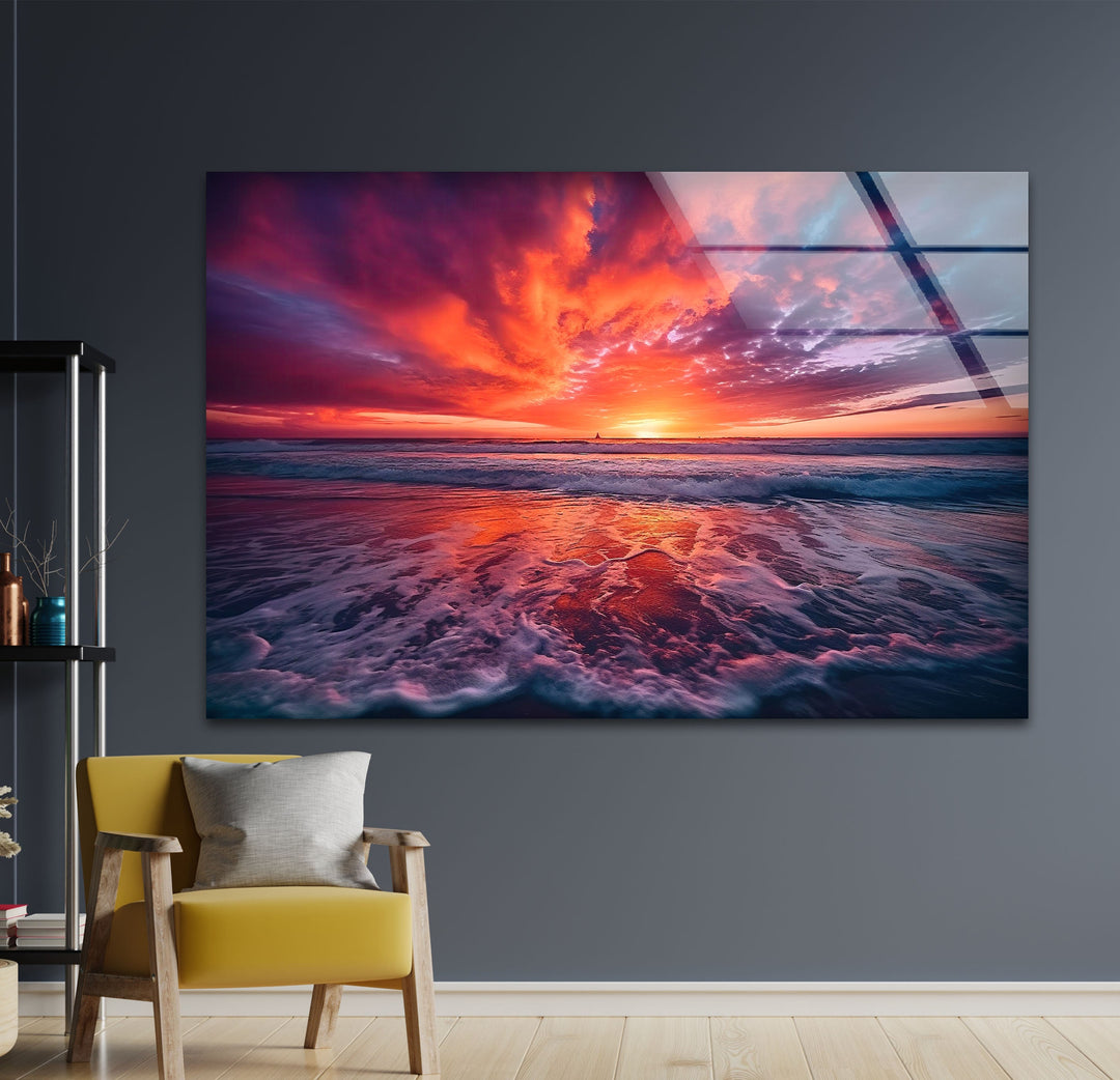 Sunset Over Water Waves Glass Wall Art print picture on glass, Tempered Glass Wall Art