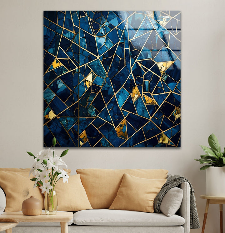 Stained Geometric Blue Glass Wall Art picture on glass wall art, photos printed on glass