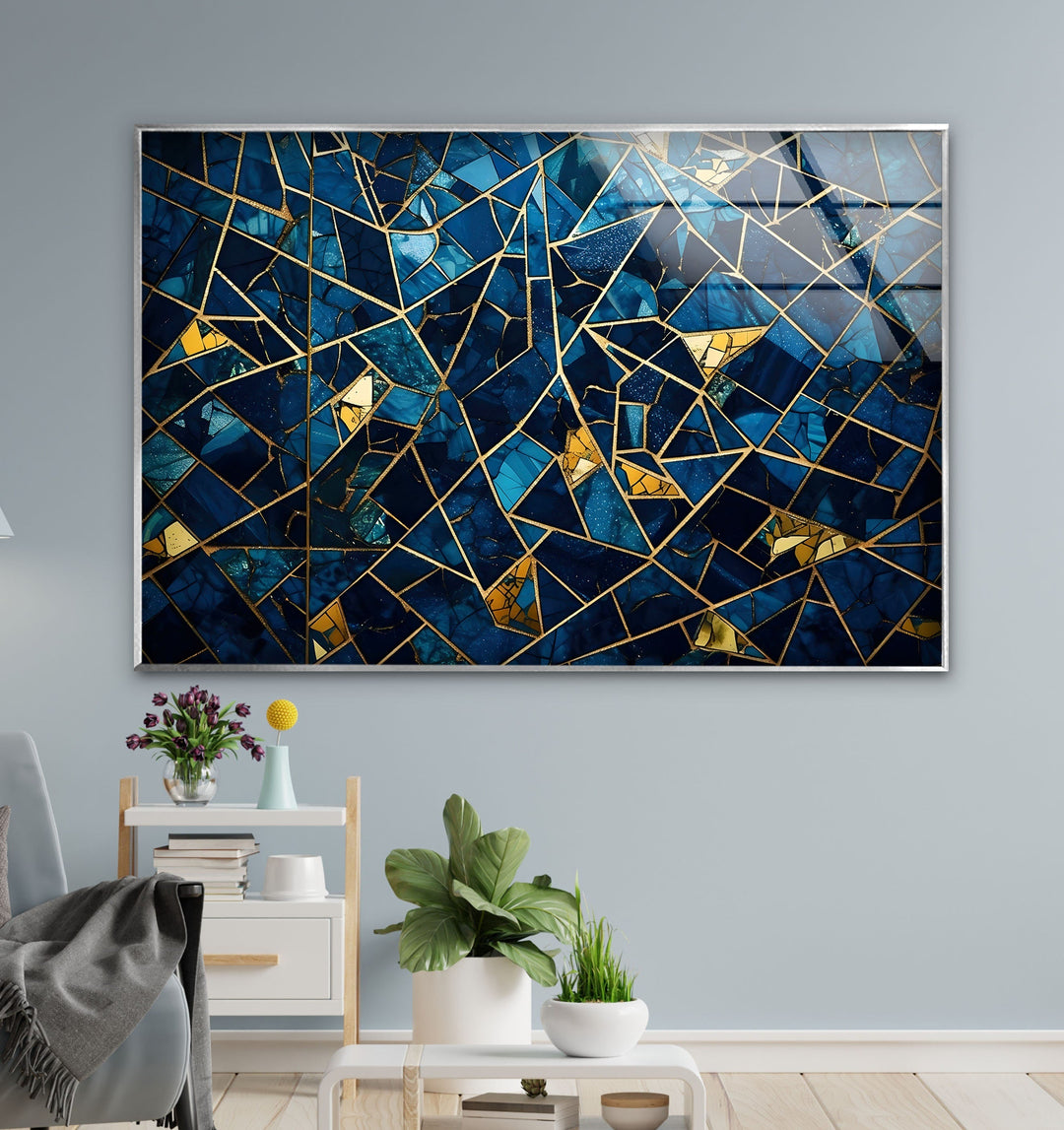 Stained Geometric Blue Glass Wall Art print picture on glass, Tempered Glass Wall Art