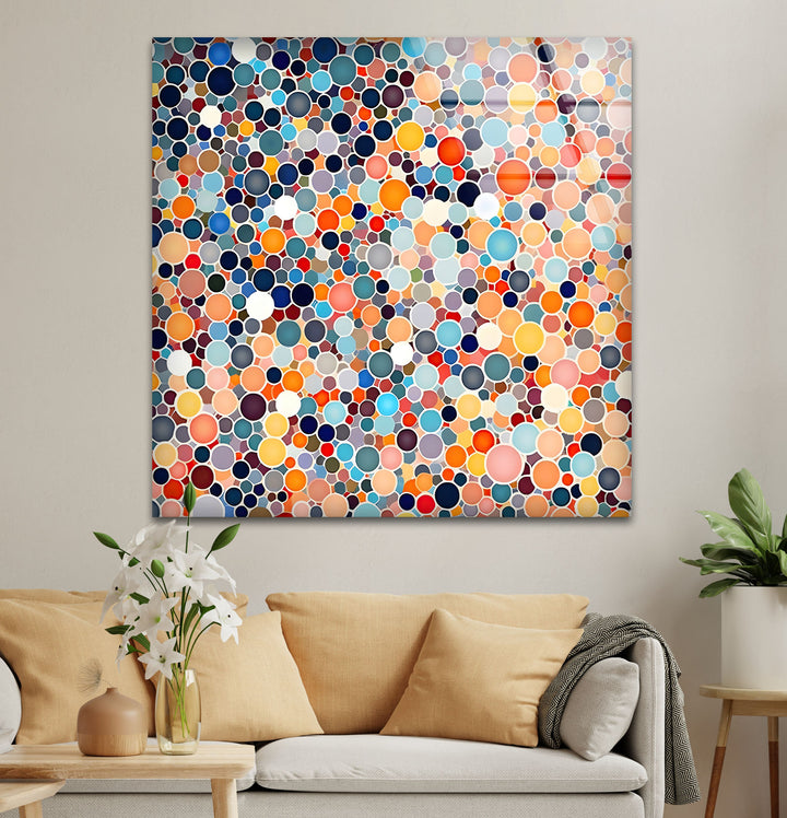 Mosaic Dots Glass Wall Art Our modern glass wall art will make your living room look better, or you can choose glass wall art for the living room to make a captivating center point. Our glass wall hanging choices make it easy and stylish to show off glass art, glass panel art, and glass panel artwork. With glass photo prints, you can keep your favorite memories alive forever as photographs or pictures on glass that look like they're coming to life.