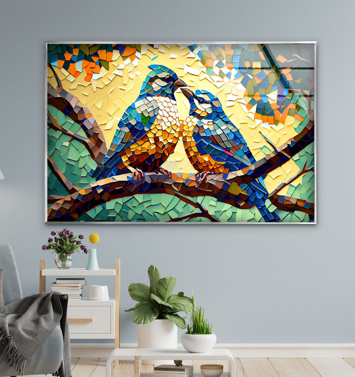 Mosaic of Birds Glass Wall Art picture on glass wall art, photos printed on glass