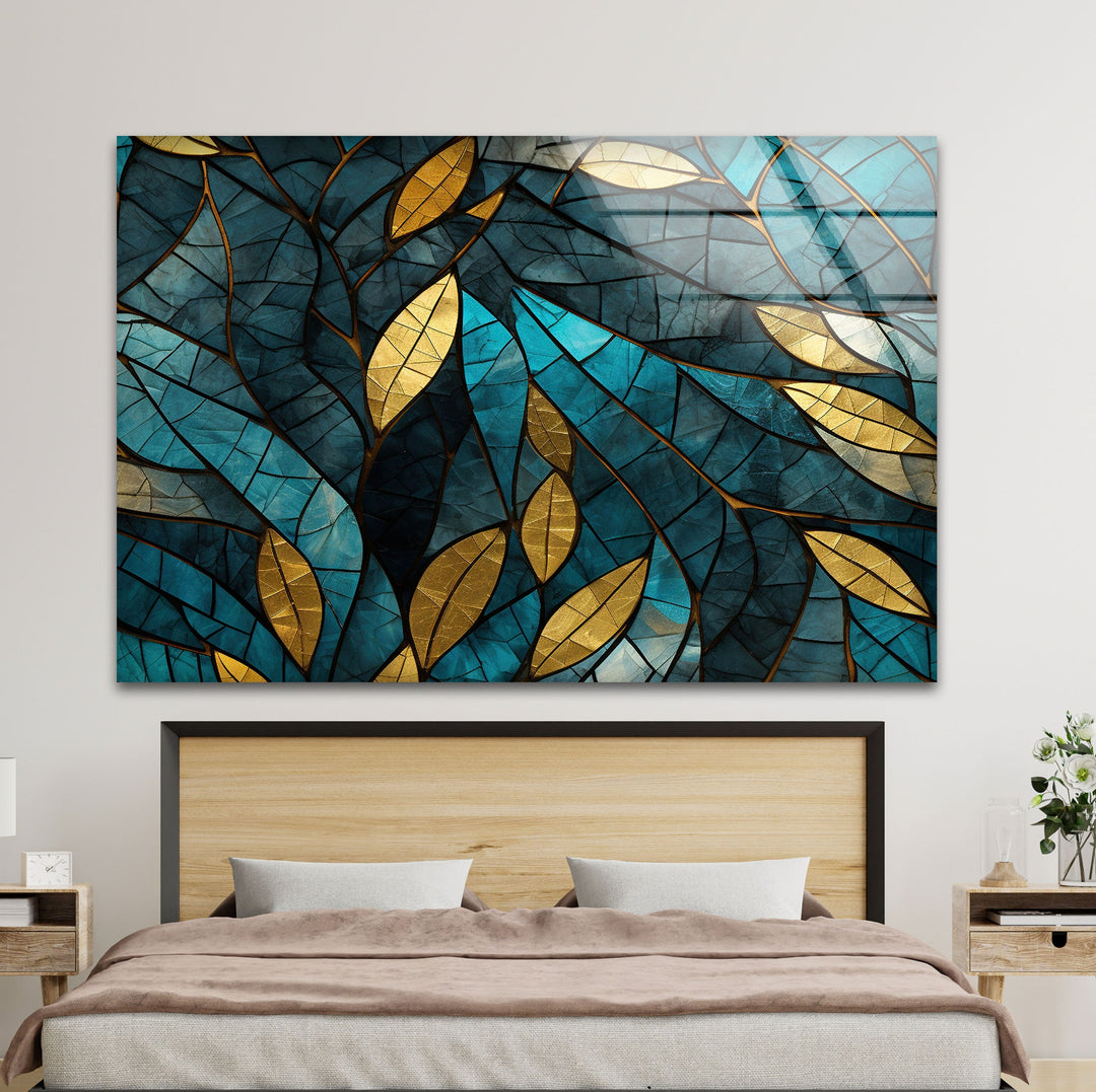 Blue & Gold Leaves Glass Wall Art custom glass pictures, glass art prints