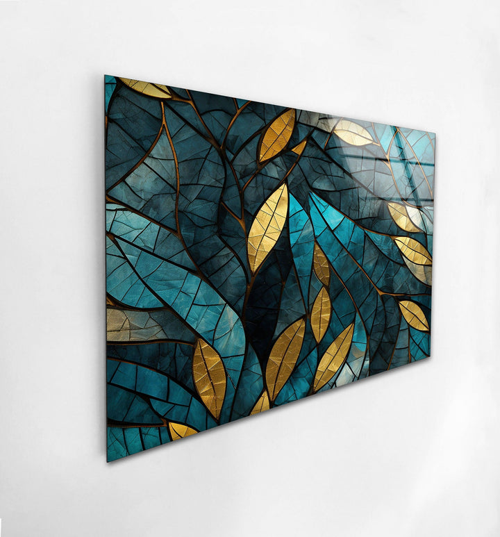 Blue & Gold Leaves Glass Wall Art stained glass wall art, stained glass wall decor