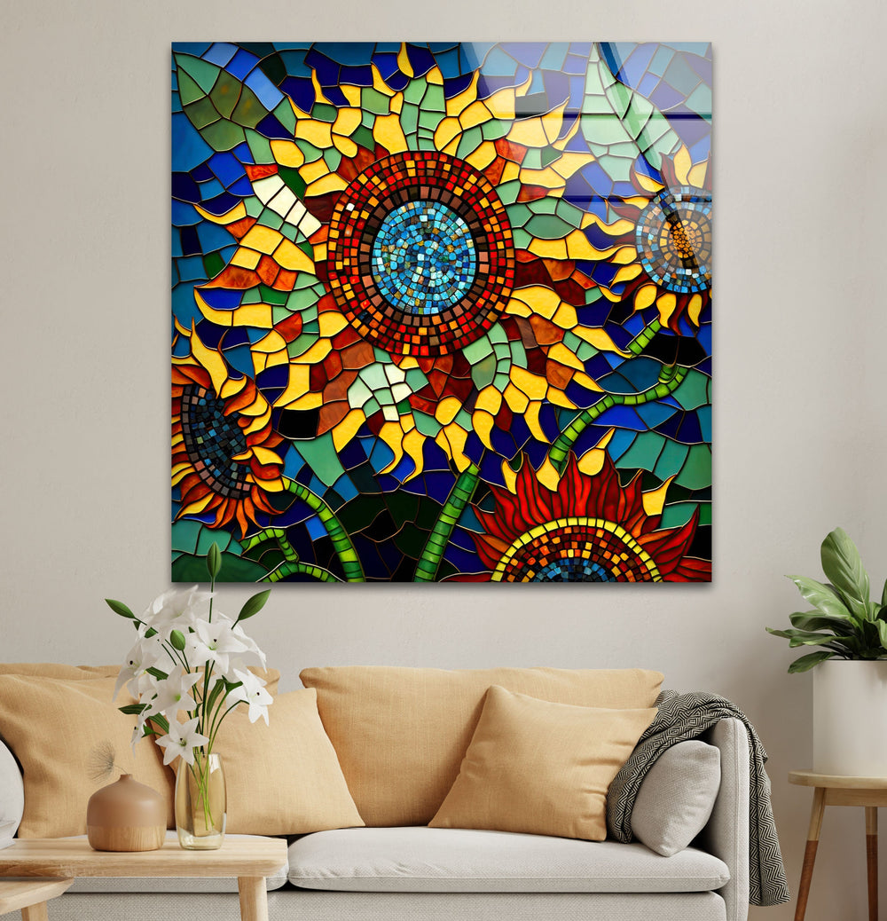 Mosaic Of Sunflowers Glass Wall Art, picture on glass wall art, photos printed on glass