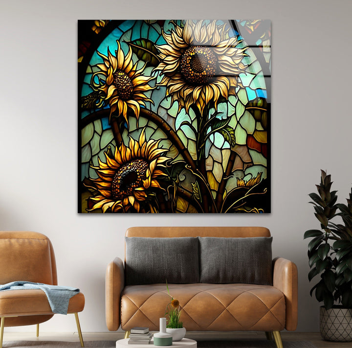 Sunflowers In A Stained Glass Window Glass Wall Art, glass art painting, glass art for the Wall