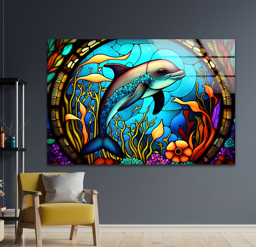 Dolphin in The Ocean Glass Wall Art glass art painting, glass art for the Wall