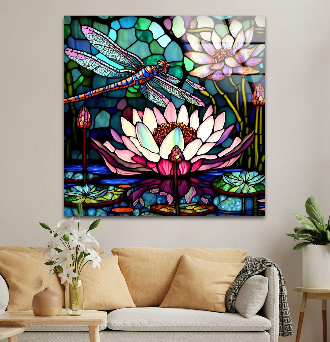 Stained Glass Dragonfly With Flower Glass Wall Art, art glass wall art, glass wall art pictures