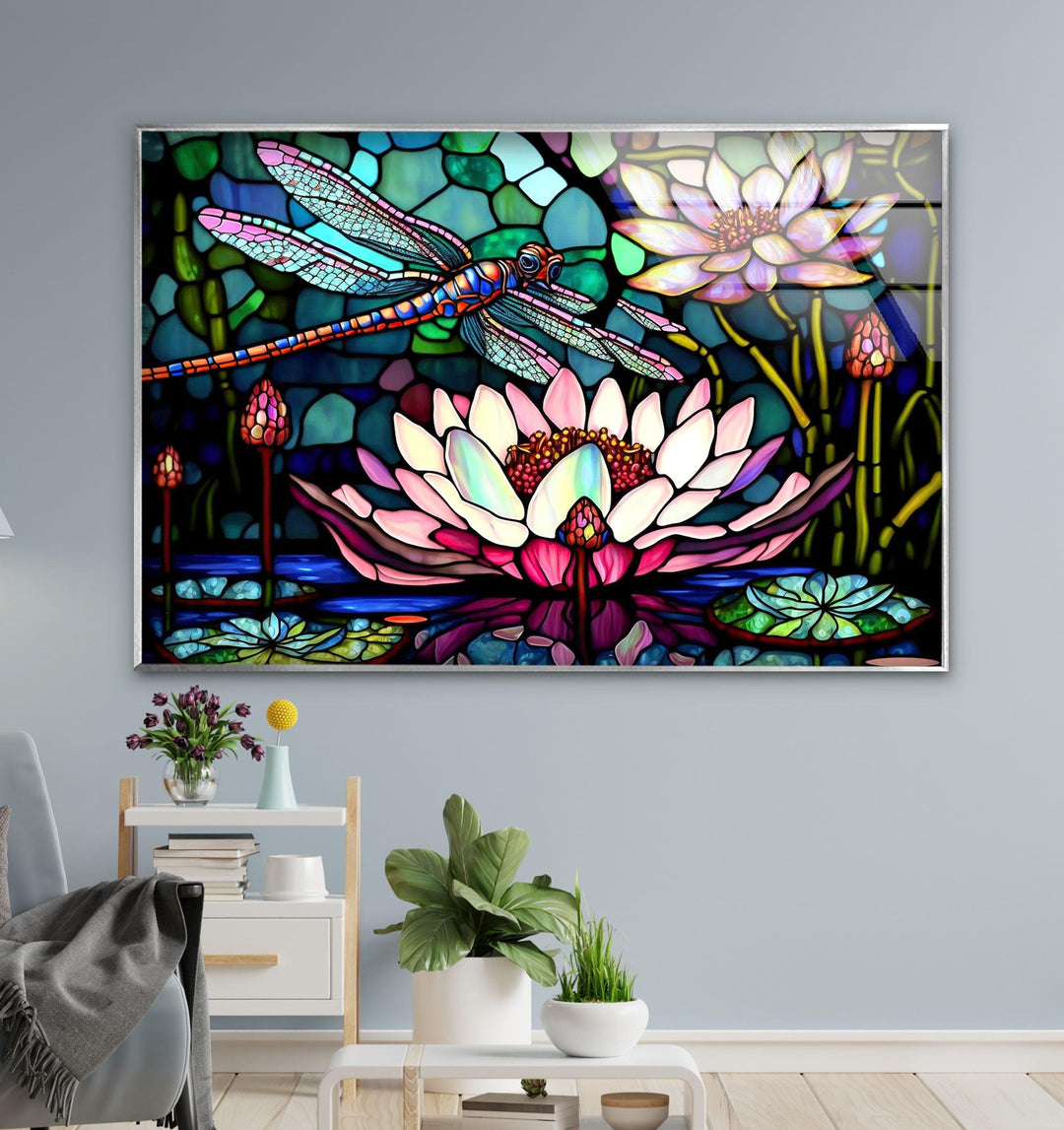 Stained Glass Dragonfly With Flower Glass Wall Art, Glass Printing Wall Art, Print photos on glass