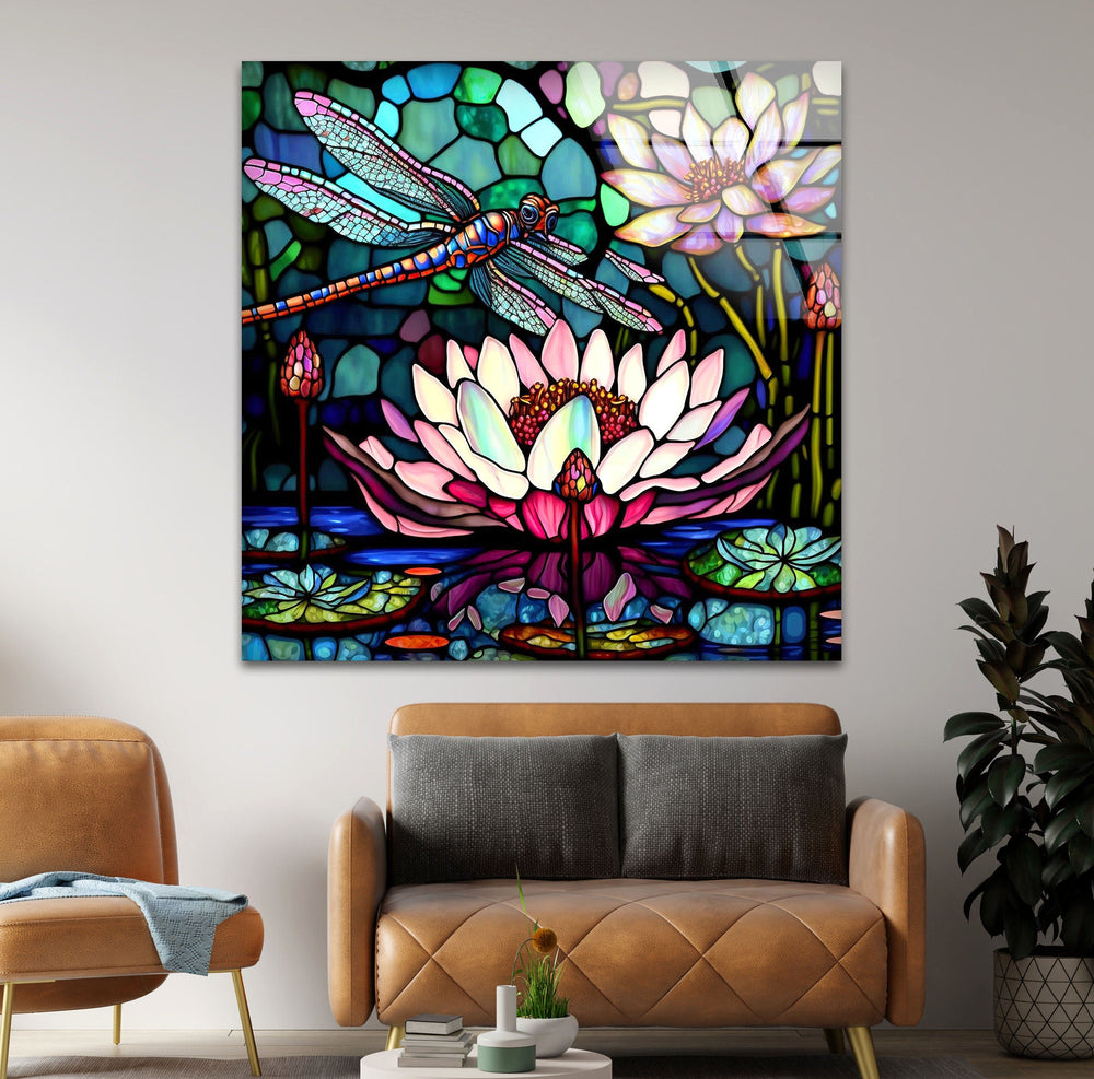 Stained Glass Dragonfly With Flower Glass Wall Art, glass wall decor, glass wall art decor