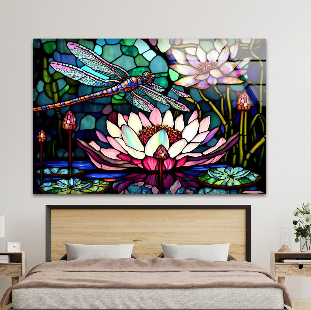 Stained Glass Dragonfly With Flower Glass Wall Art, custom glass pictures, glass art prints