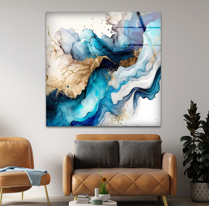 Blue fluid art wall art with gold veins