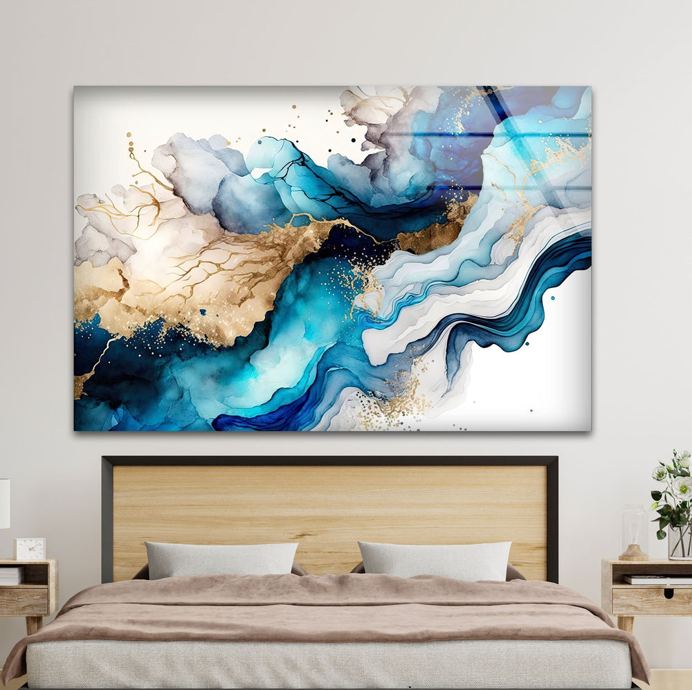 a large painting on a wall above a bed