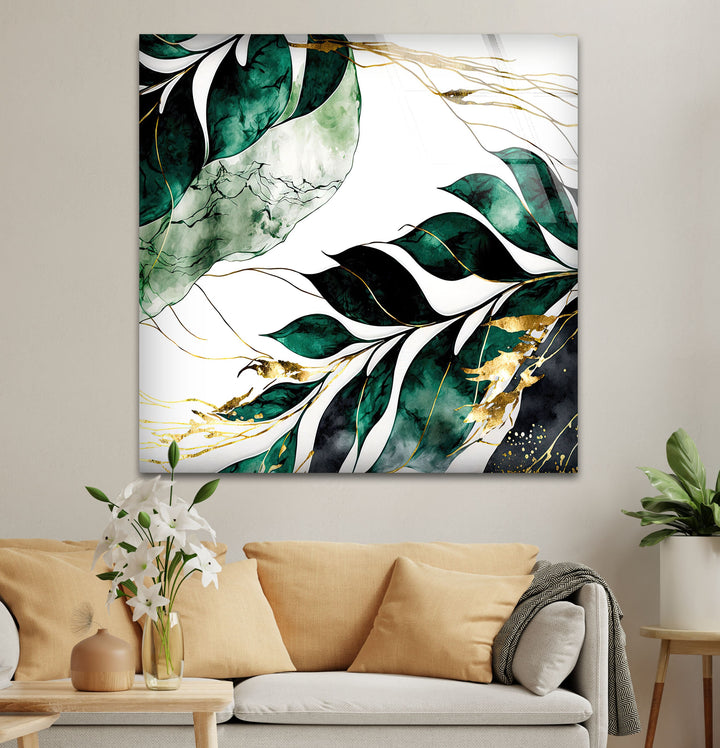 Green & White Leaves Glass Wall Art glass image printing, glass prints from photos