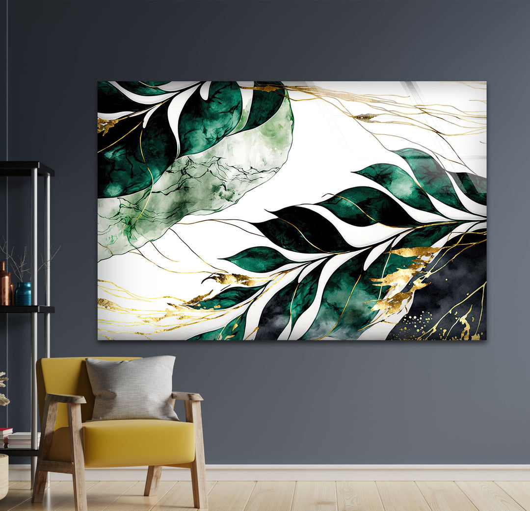 Green & White Leaves Glass Wall Art glass pictures for Wall, glass prints wall art