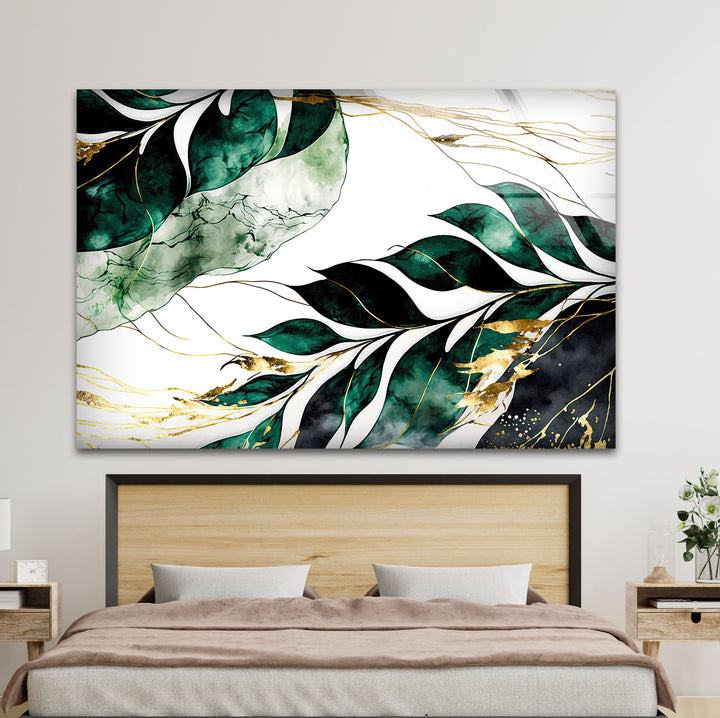 Green & White Leaves Glass Wall Art photo print on glass, prints on glass wall art