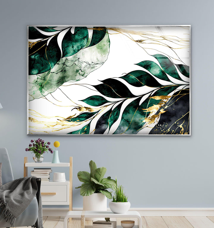 Green & White Leaves Glass Wall Art large glass photo prints, glass wall photos