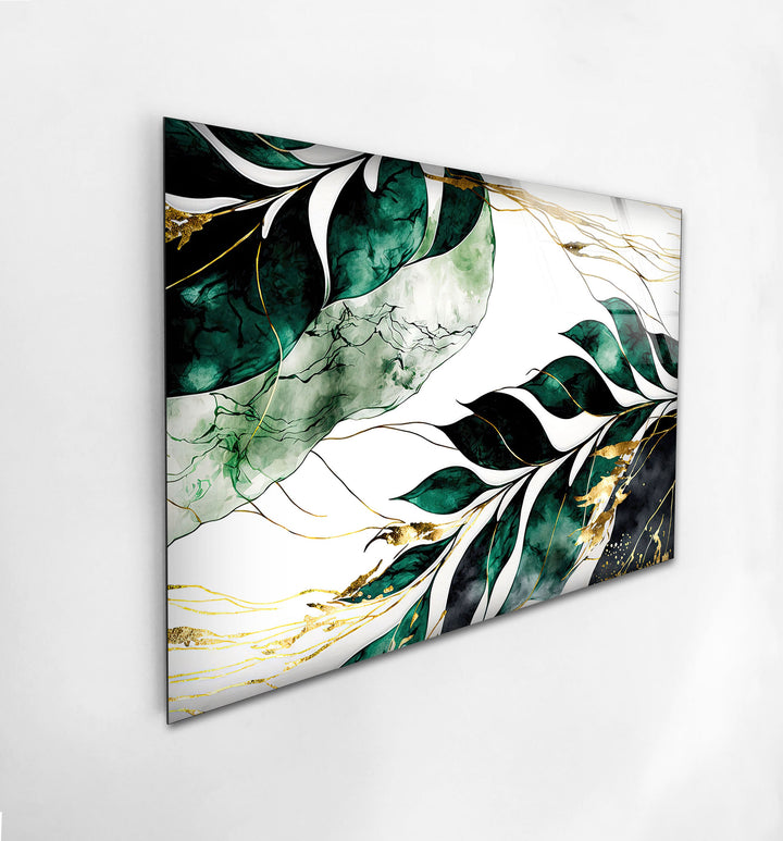 Green & White Leaves Glass Wall Art Glass Printing Wall Art, Print photos on glass