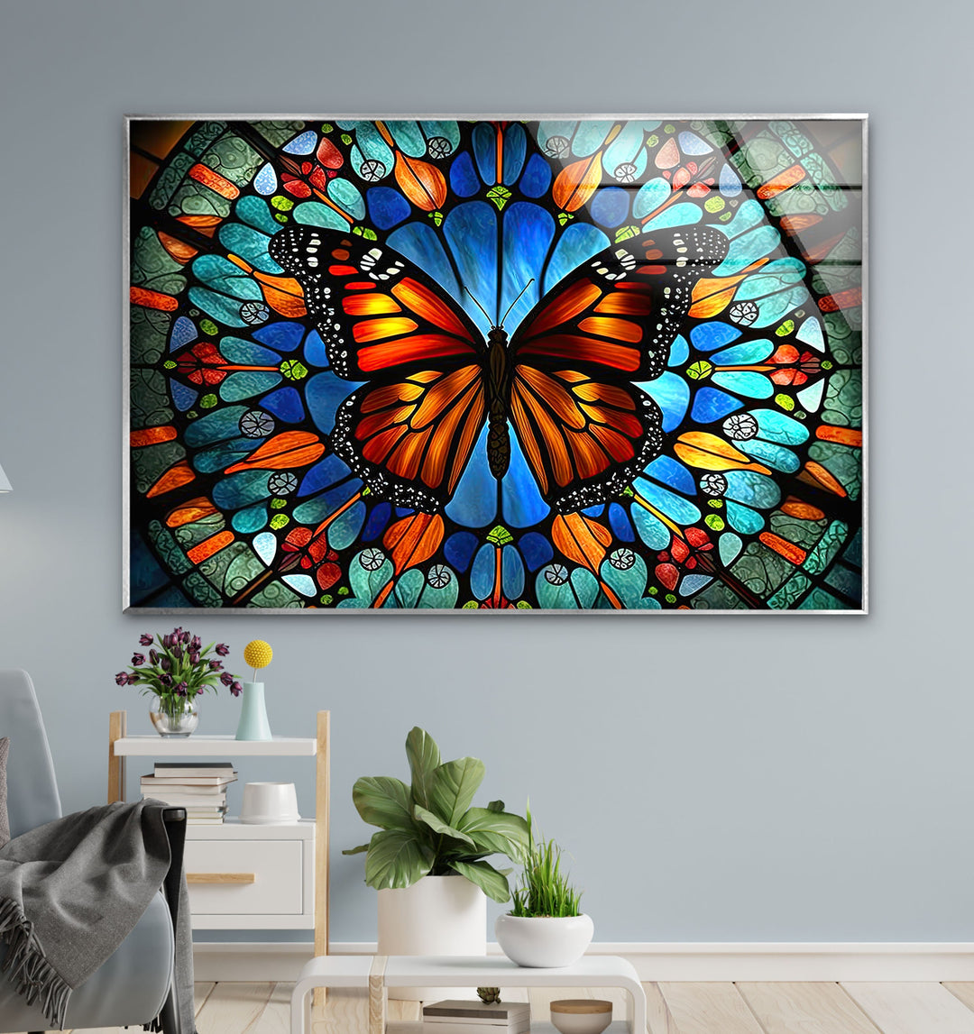 Rainbow Butterfly Glass Wall Art photo print on glass, prints on glass wall art