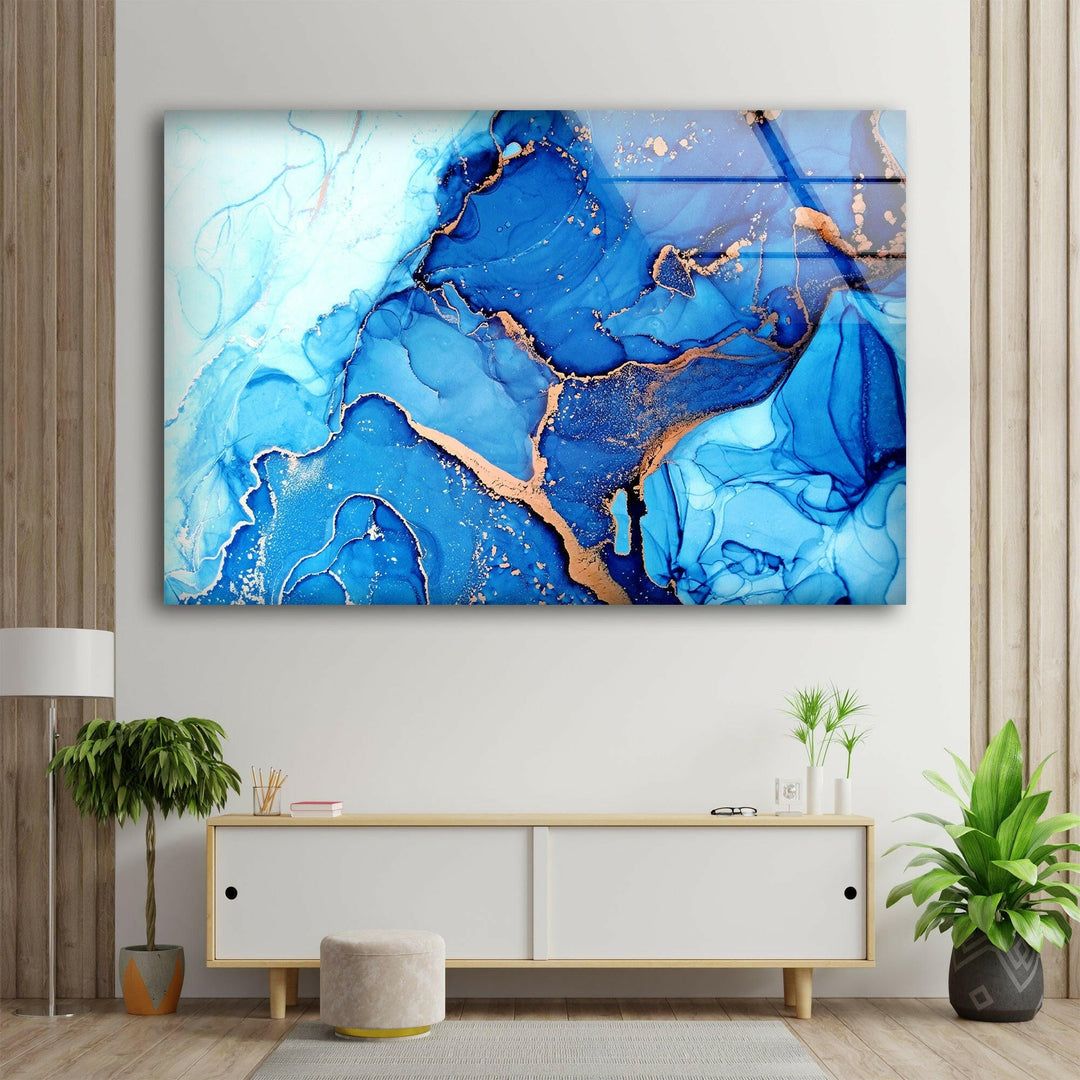 Blue and Gold Extra Large Abstract Photo Prints on Glass