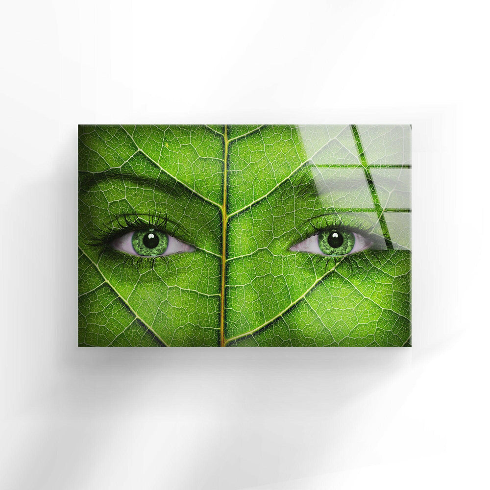 Woman Face with Green Leaf Texture Glass Modern Abstract Wall Art for Your Home