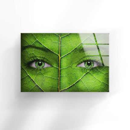 Woman Face with Green Leaf Texture Glass Wall Art