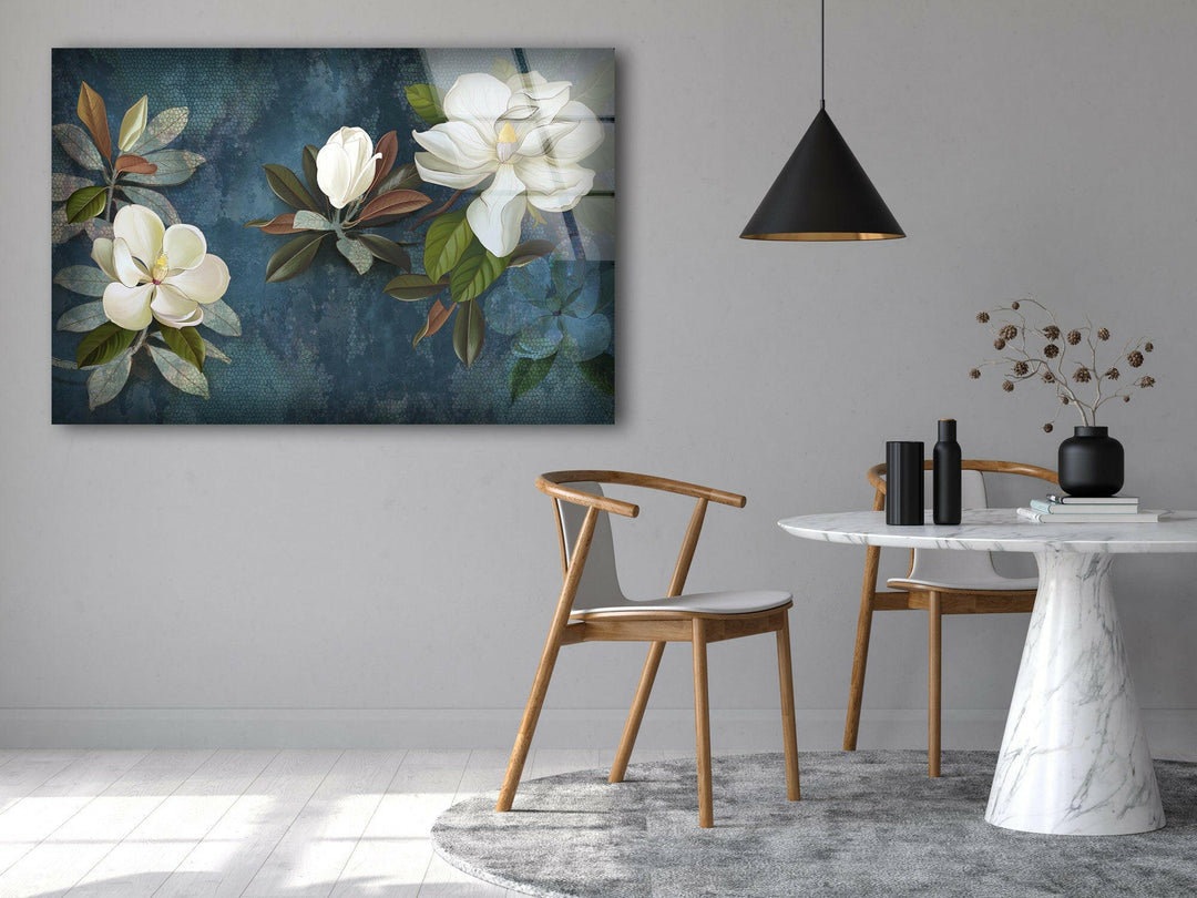 Painted White Magnolia Glass Wall Art, custom glass photo prints, large glass prints