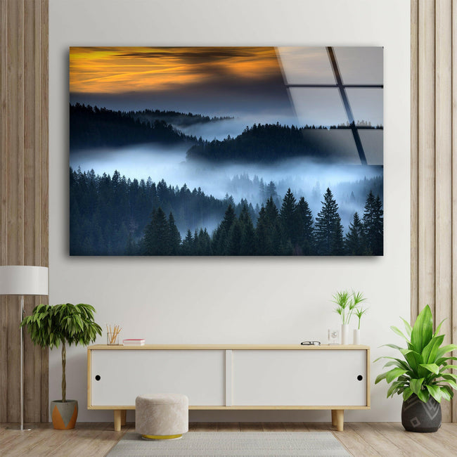 Foggy Sunset Landscape Tempered Glass Wall Art - MyPhotoStation