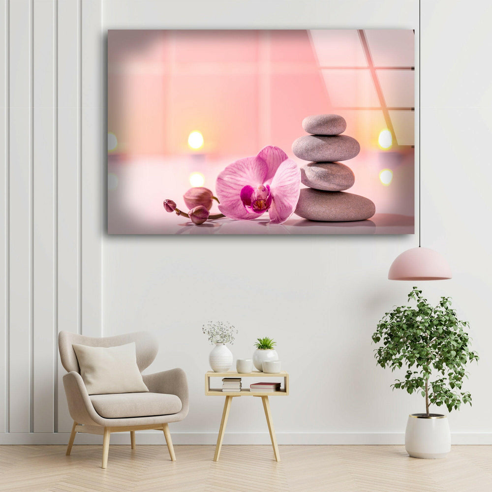 Zen Spa Stones and Pink Flower Modern Glass Art & Cool Wall Art