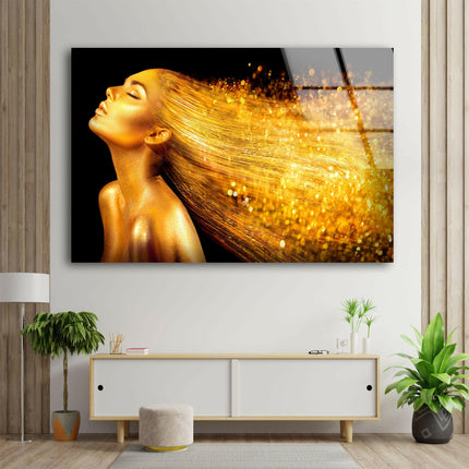 Gold Hair Woman Portrait Glass Wall Art