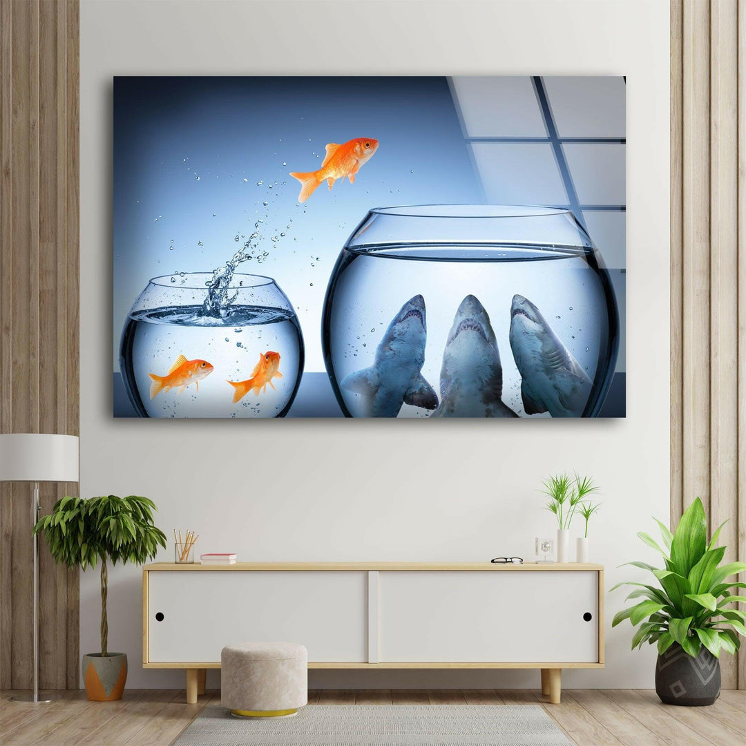 Goldfish Shark Glass Wall Art custom glass pictures, glass art prints