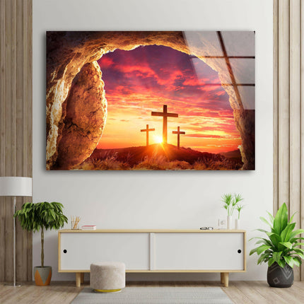 Christian Cross with Sunset Glass Wall Art
